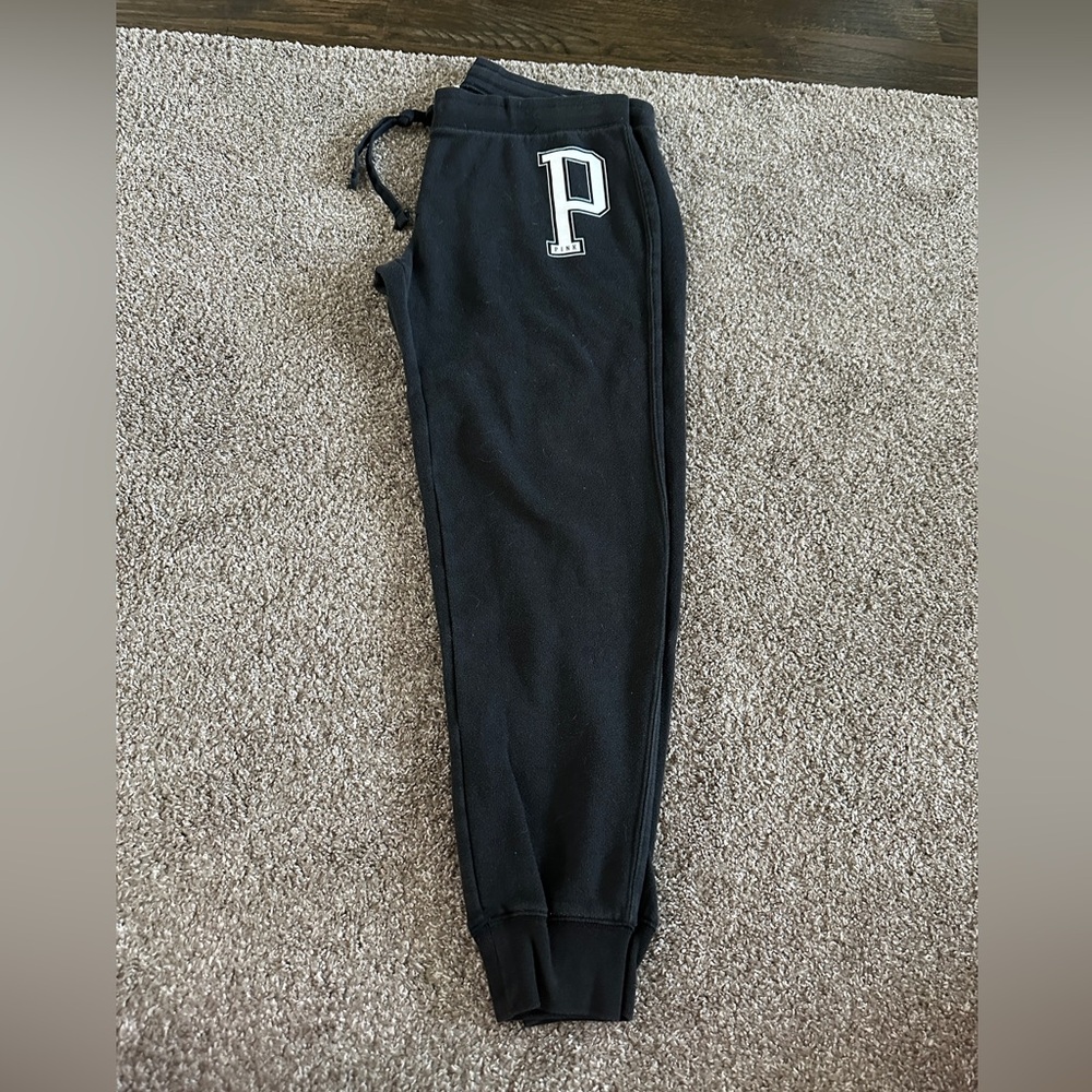 Victoria’s Secret PINK black medium joggers drawcord adjustable waist white P - Picture 3 of 12